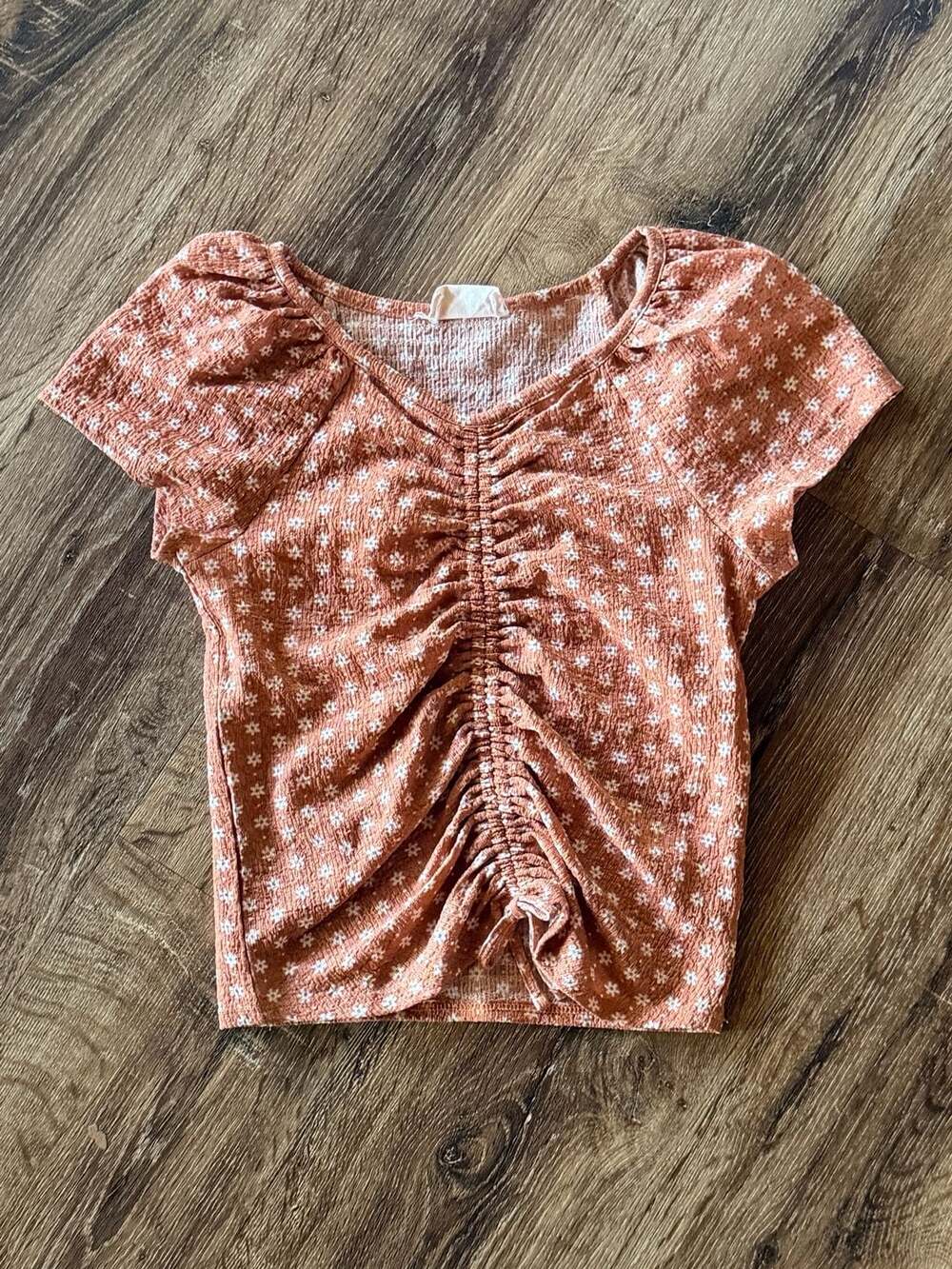 Amy Byer Girls Floral Print Smocked Ruched Drawstring Short Sleeve Top Size M 10